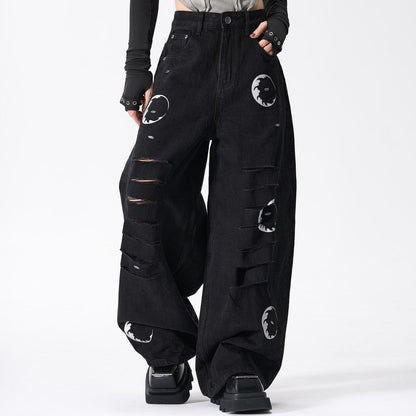 Ripped Circle Print Wide Leg Denim Jeans WN27892