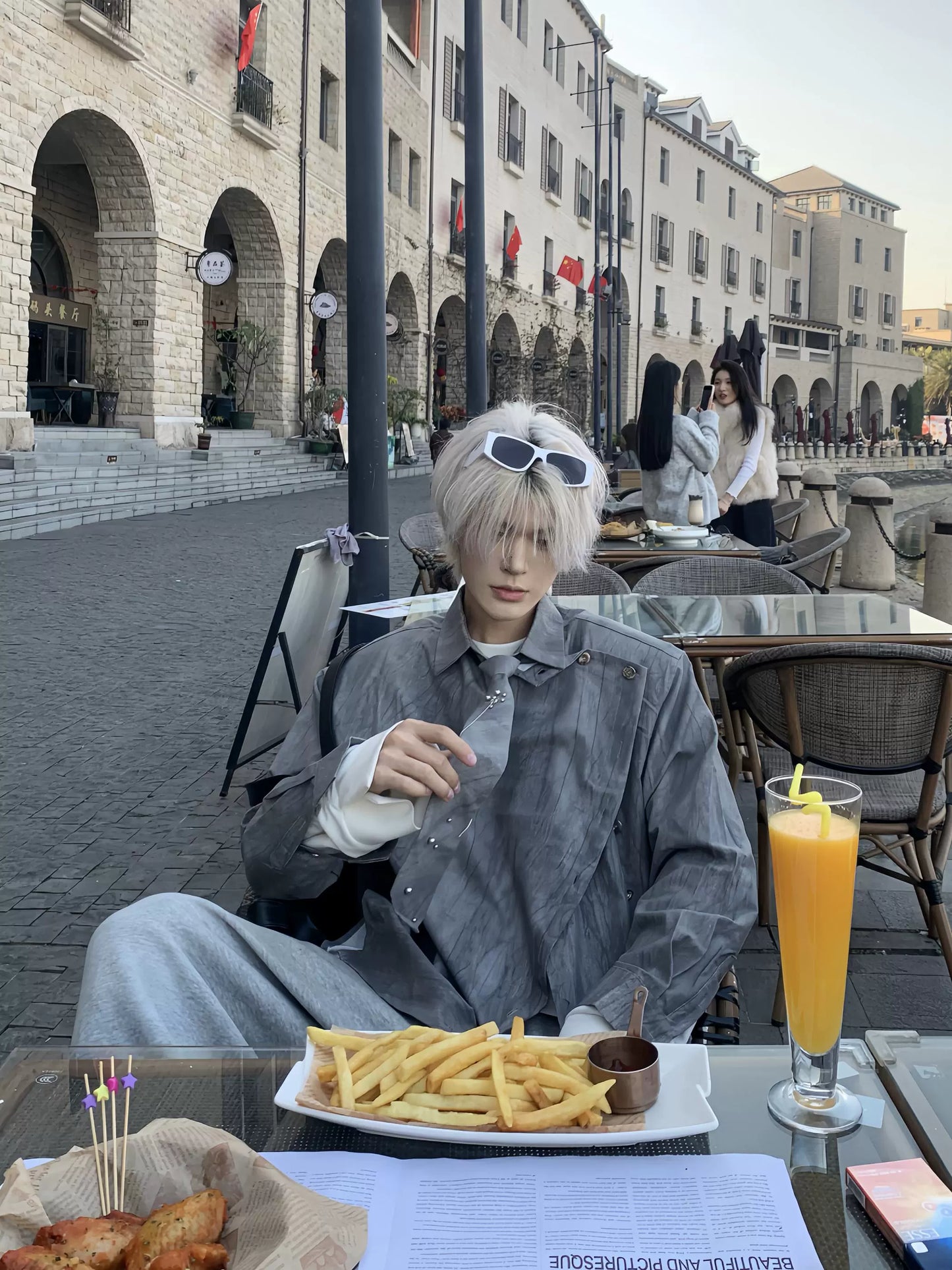 Asymmetrical Button Metal Necktie Long Sleeve Shirt WN19808