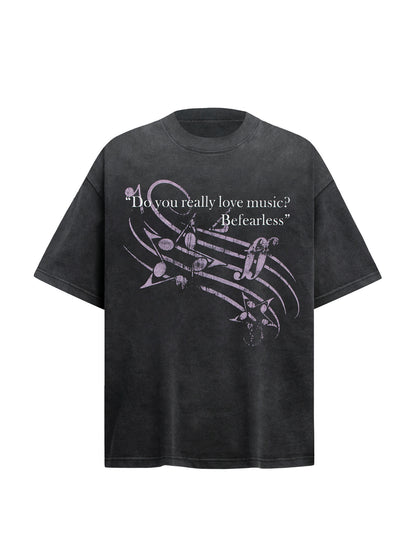 Music Note Print Washed Oversize Short Sleeve T-Shirt WN26237