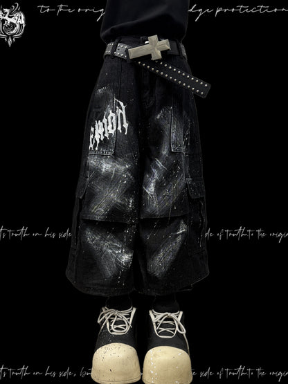 Cropped Paint Graffiti Cargo Wide Leg Denim Jeans & Skull Belt & Cross Belt & Belt Chain WN23810