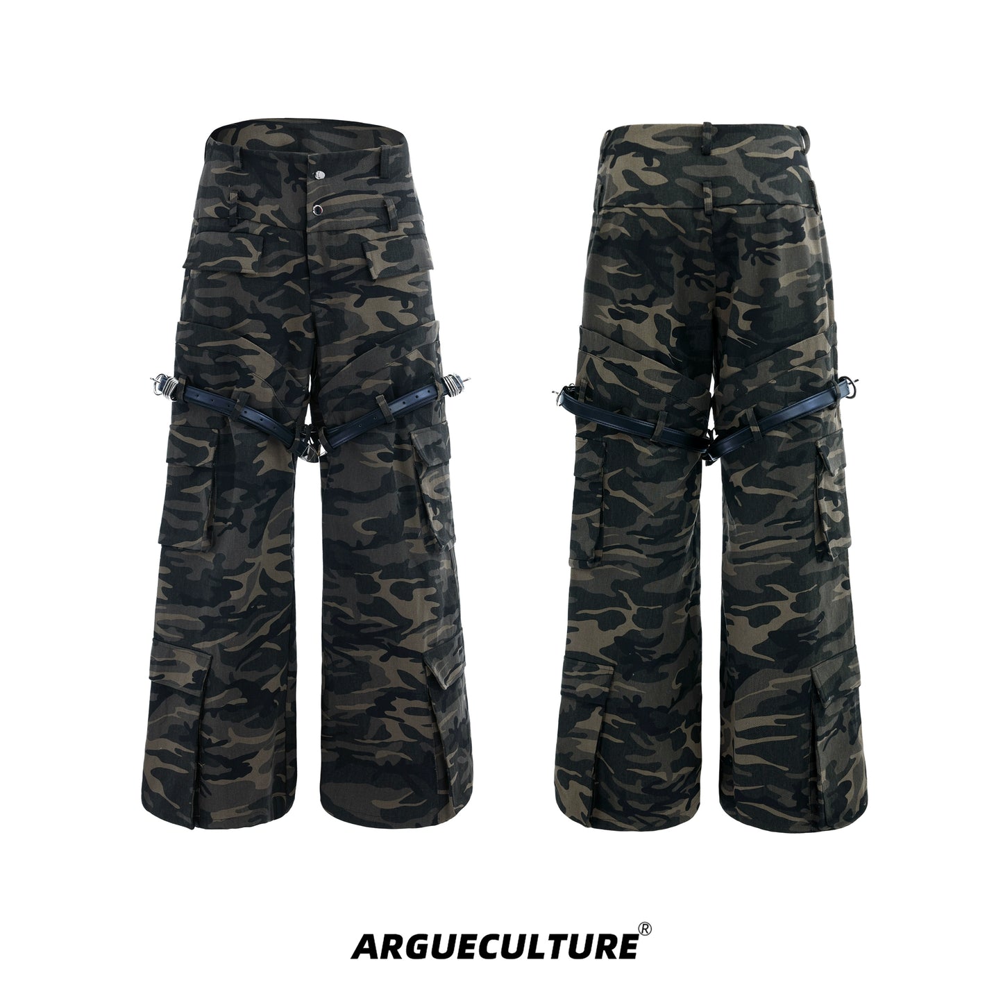 Washed Belt Design Camouflage Flare Cargo Pants WN10871