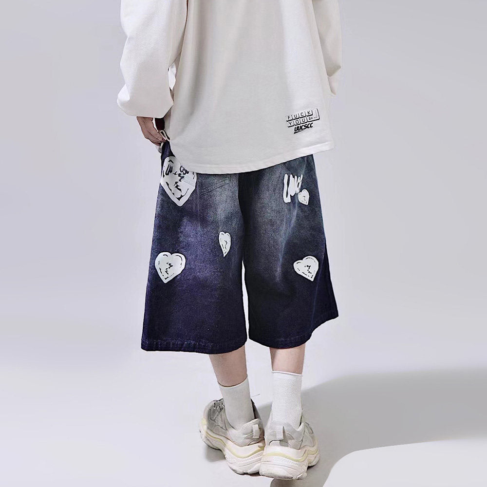 Heart Design Wide Leg Half Denim Jeans WN23997