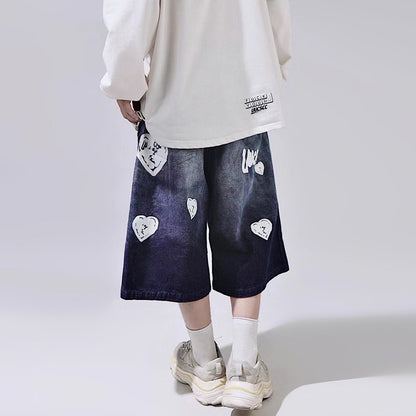 Heart Design Wide Leg Half Denim Jeans WN23997