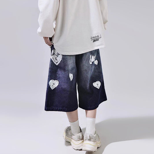 Heart Design Wide Leg Half Denim Jeans WN23997