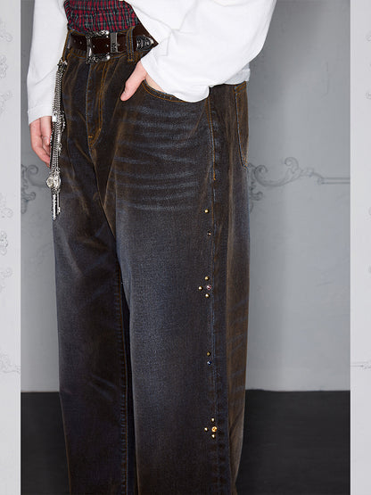 Washed Damage Button Flocking Flare Denim Jeans WN17886