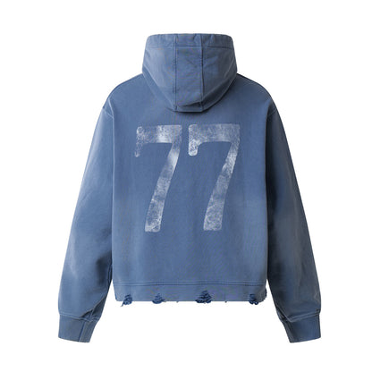 Washed Letter Rhinestone Design Damage Hoodie WN25384