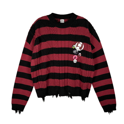 Striped Badge Damage Knit Sweater WN10573