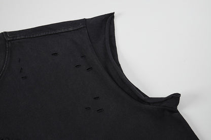 Cross Rhinestone Washed Damage Sleeveless T-Shirt WN25606