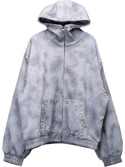 Pearl Beads Decor Fleece Lining Oversize Zipper Hoodie WN22446