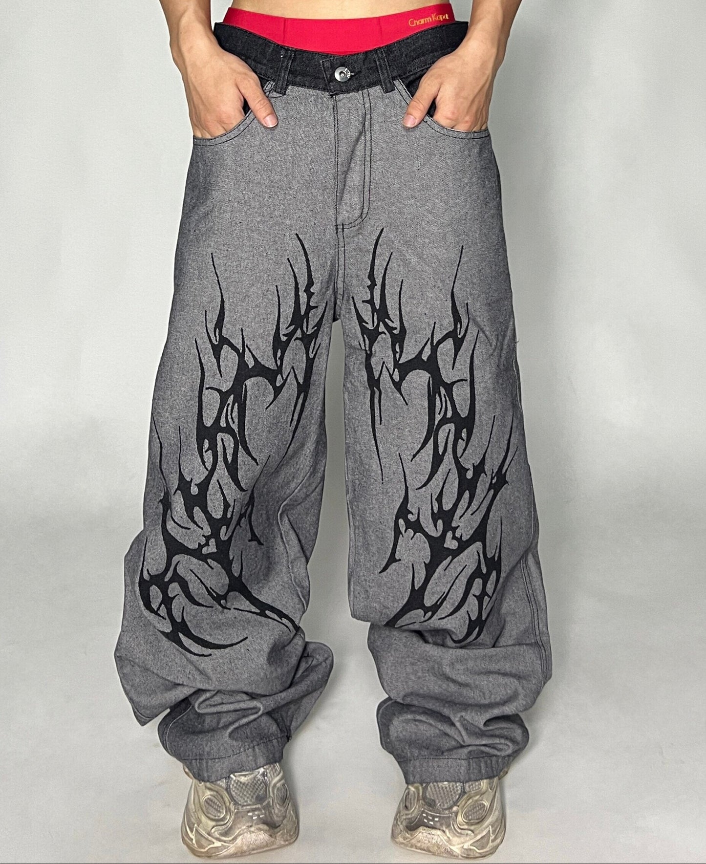 Thorn Spliced Design Wide Leg Straight Denim Jeans WN24092