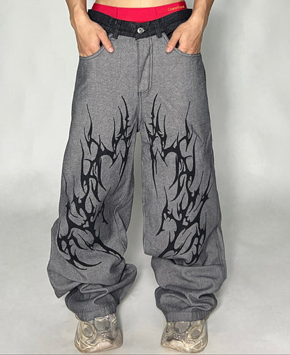 Thorn Spliced Design Wide Leg Straight Denim Jeans WN24092