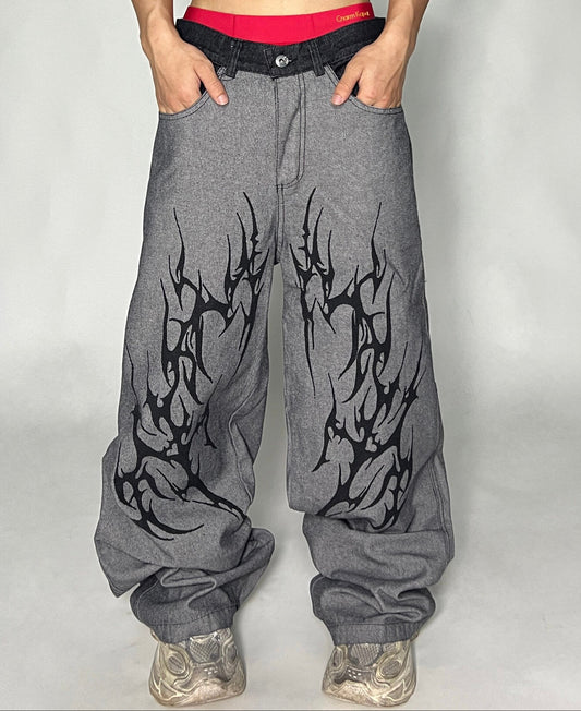 Thorn Spliced Design Wide Leg Straight Denim Jeans WN24092