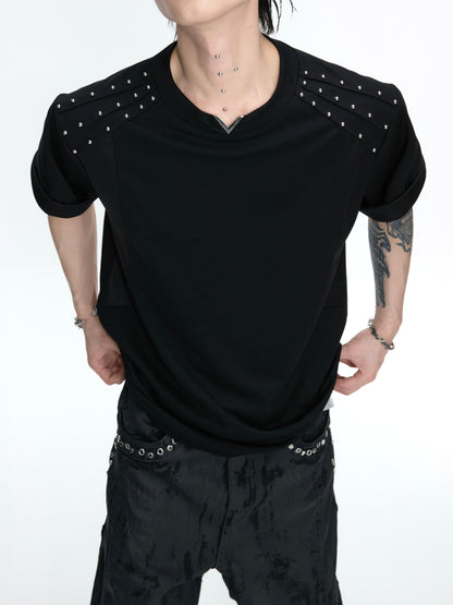 Three-Pleat Stud Patchwork Boxy Short Sleeve T-Shirt WN26983