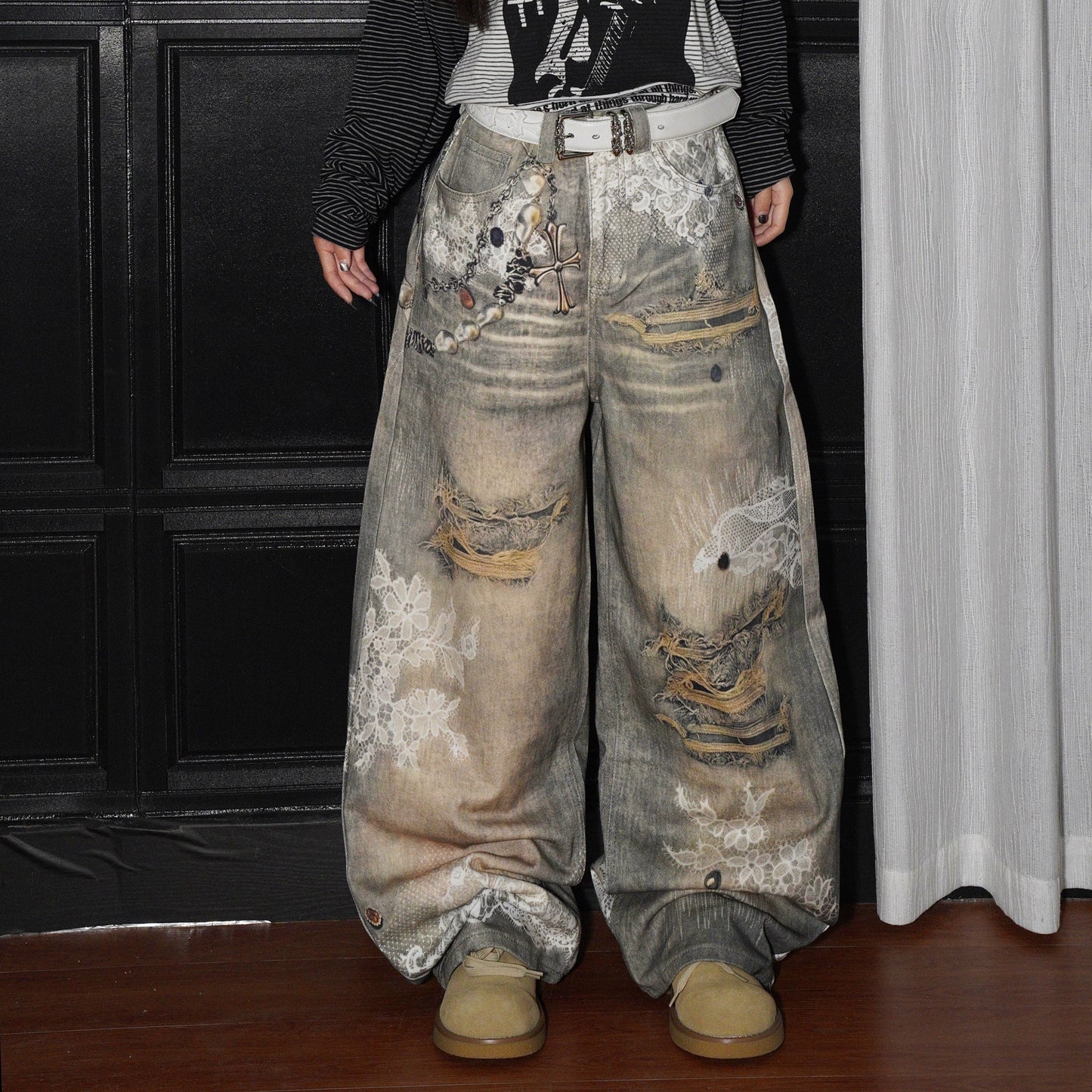 Cross Print Damage Wide Leg Denim Jeans WN22227