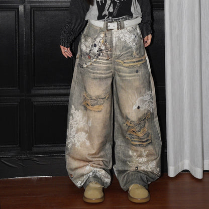 Cross Print Damage Wide Leg Denim Jeans WN22227