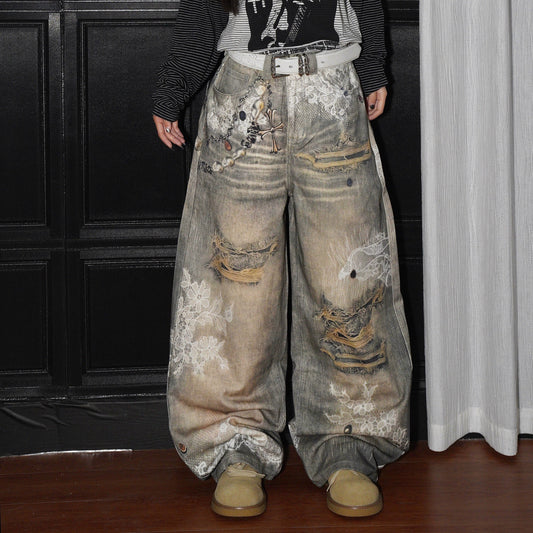 Cross Print Damage Wide Leg Denim Jeans WN22227
