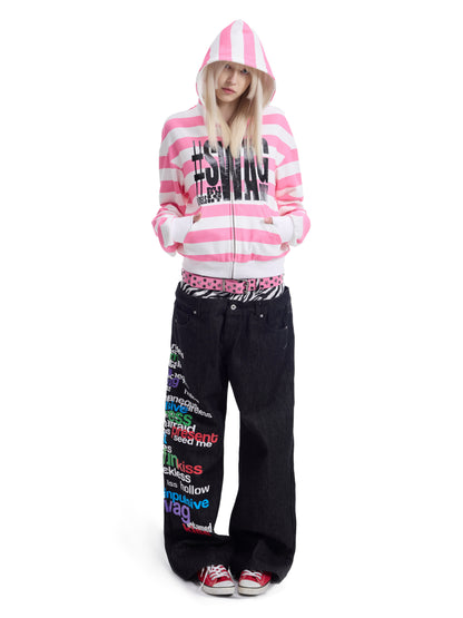 Stripe Letter Print Zipper Hoodie WN27227
