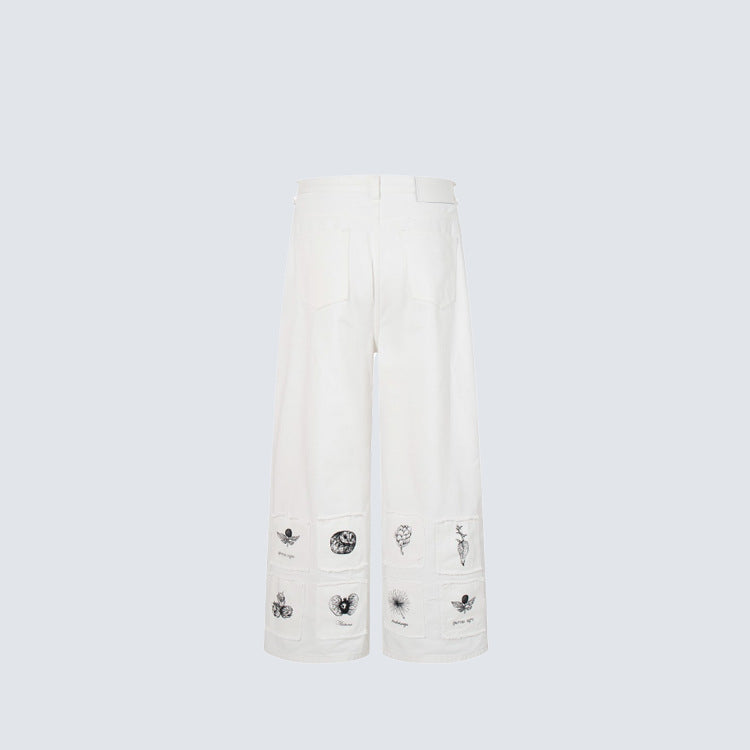 Deconstructed Sketch Applique Print Wide Leg Denim Jeans WN27884