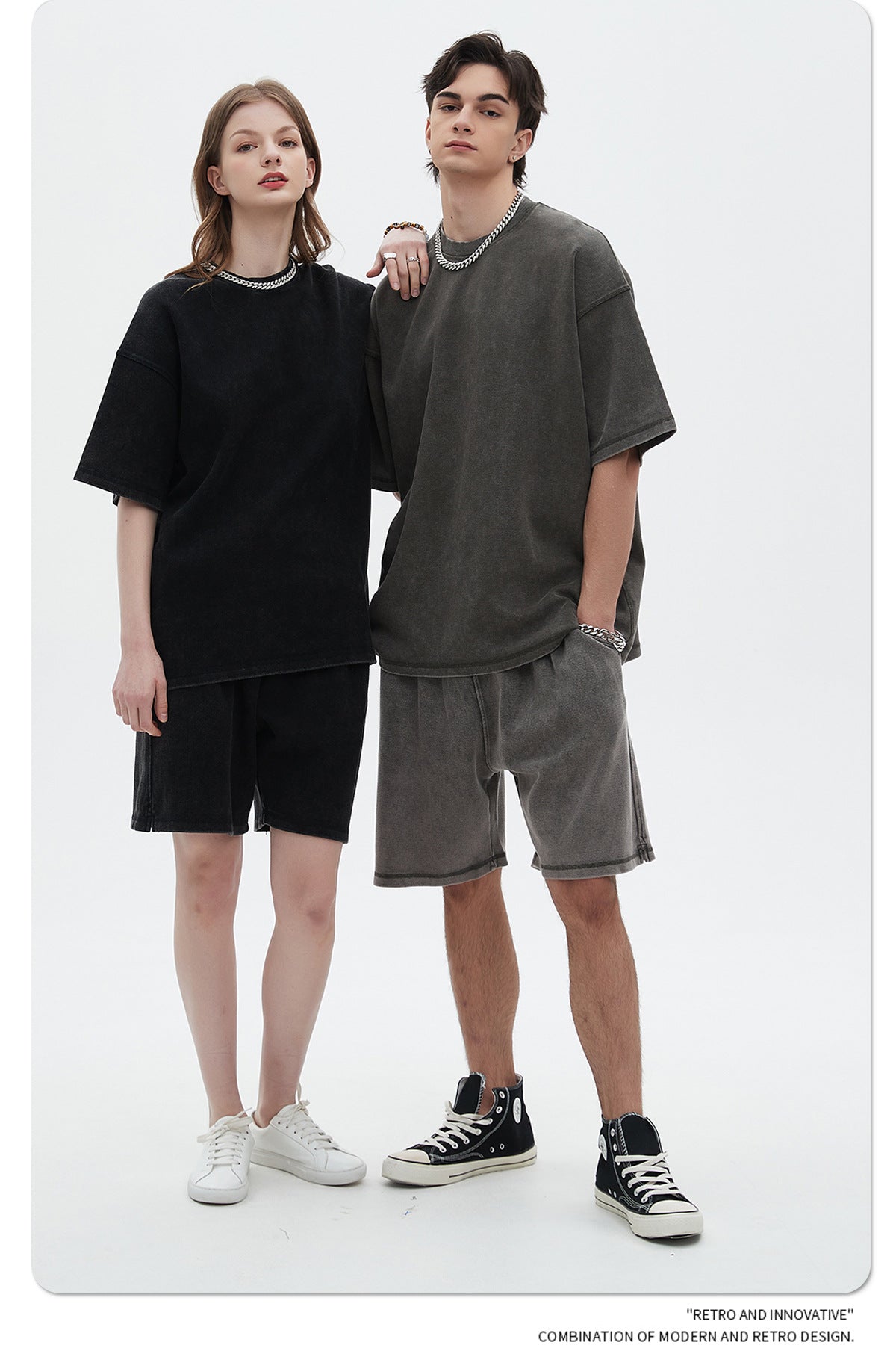 Oversize Washed Short-sleeve T-shirt & Washed Short Sweatpants Setup WN6612