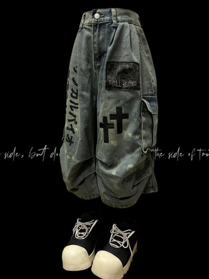 Washed Pleats Patch Wide Leg Cargo Half Denim Jeans & Belt & Chain WN20102