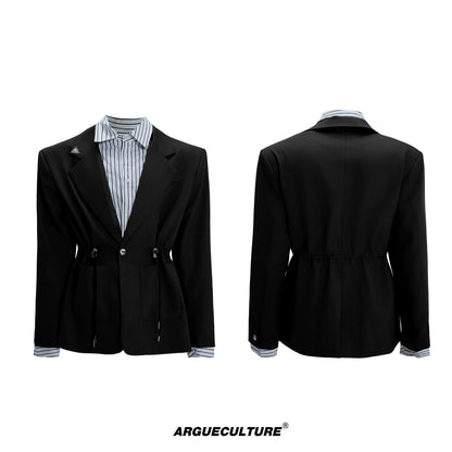 Stripe Shirt Fake Layered Drawstring Waist Shoulder-Pad Tailored Jacket & Trousers Setup WN21731