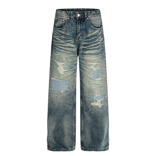 Whisker Damage Wide Leg Denim Jeans WN25973