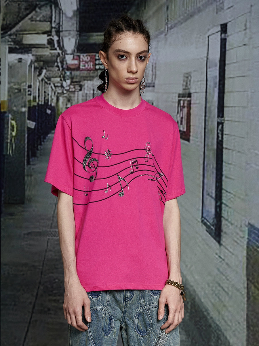 Rhinestone Music Note Print Short Sleeve T-Shirt WN17126