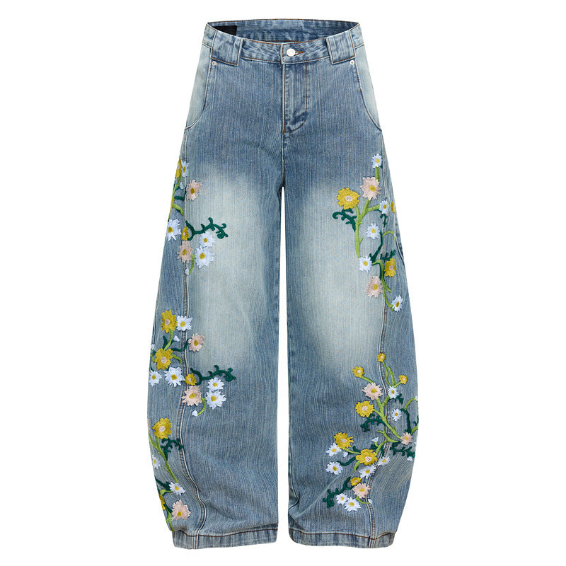 Floral Embroidery Wide Leg Denim Jeans WN23570