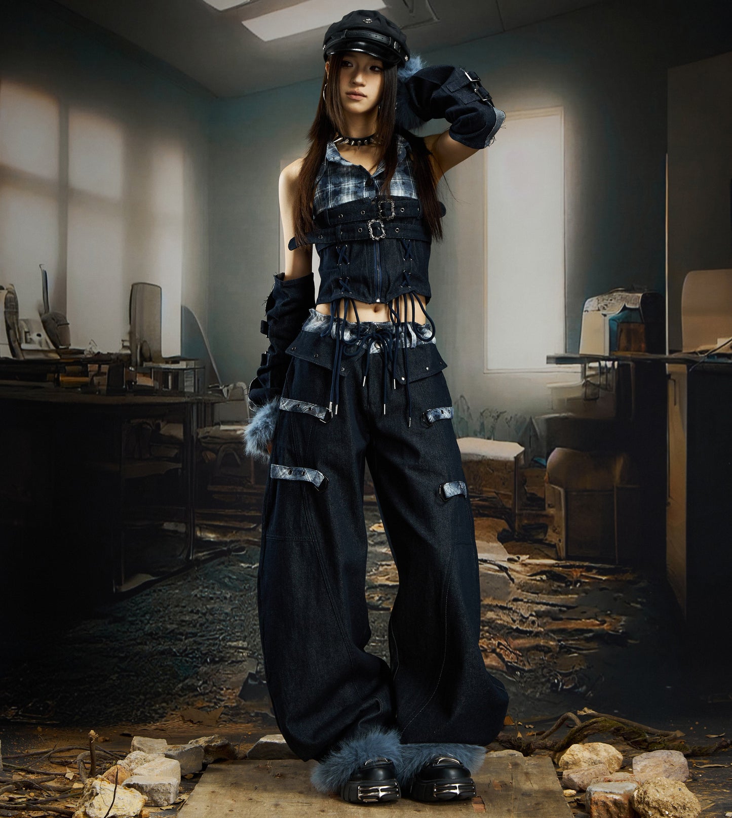 Plaid Patchwork Lace-Up Fake Fur Denim Sleeveless Shirt & Pants Setup WN22730