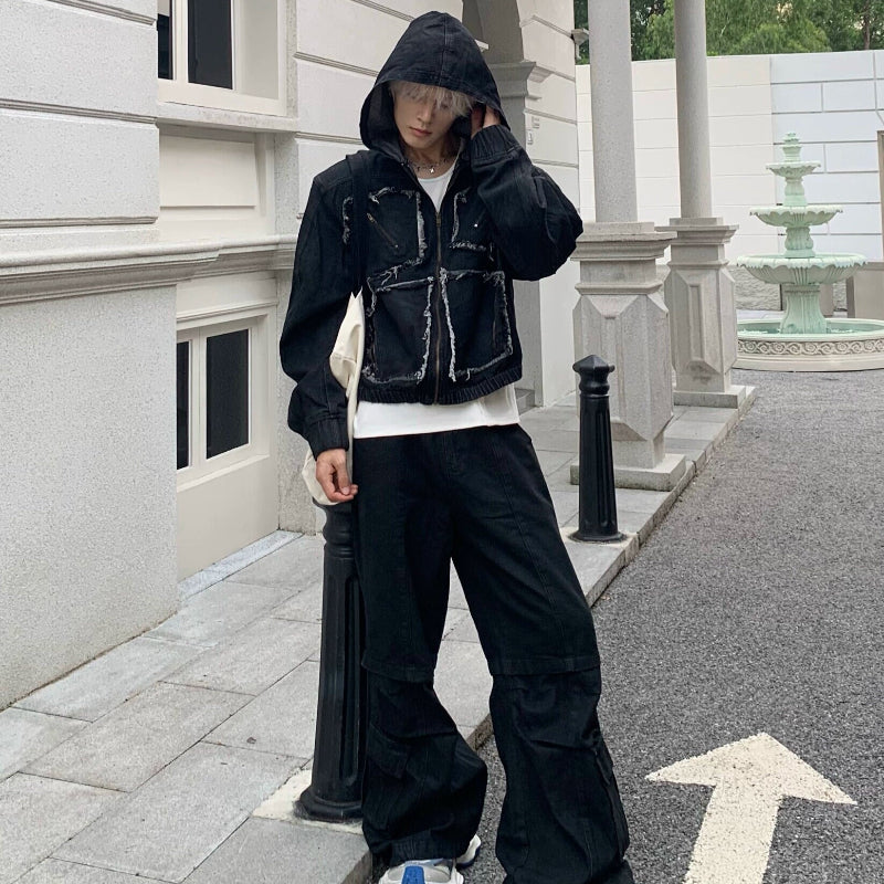 Metal Zipper Panel Denim Jacket & Wide Leg Pants Setup WN19827