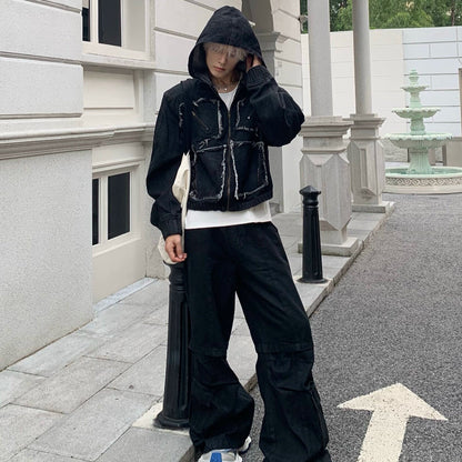 Metal Zipper Panel Denim Jacket & Wide Leg Pants Setup WN19827