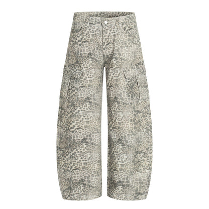 Leopard Print Washed Multi-Pocket Wide Leg Denim Jeans WN27926
