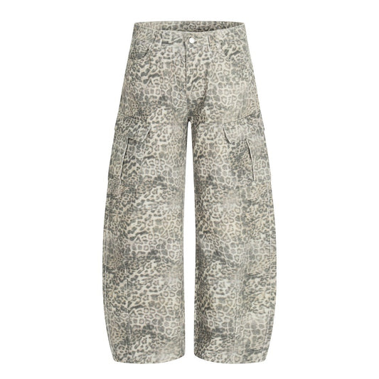 Leopard Print Washed Multi-Pocket Wide Leg Denim Jeans WN27926