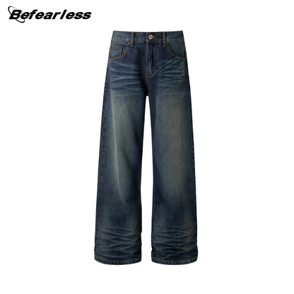 Heavyweight Washed Whisker Straight Flare Denim Jeans WN26318
