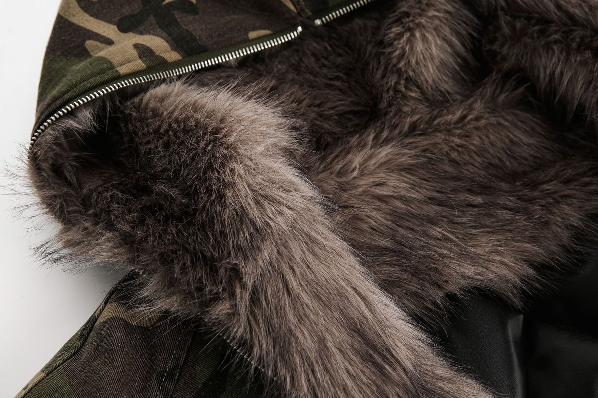 Camouflage Fake Fur Collar Hooded Puffer Jacket WN28044