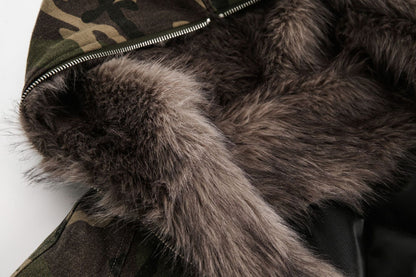 Camouflage Fake Fur Collar Hooded Puffer Jacket WN28044
