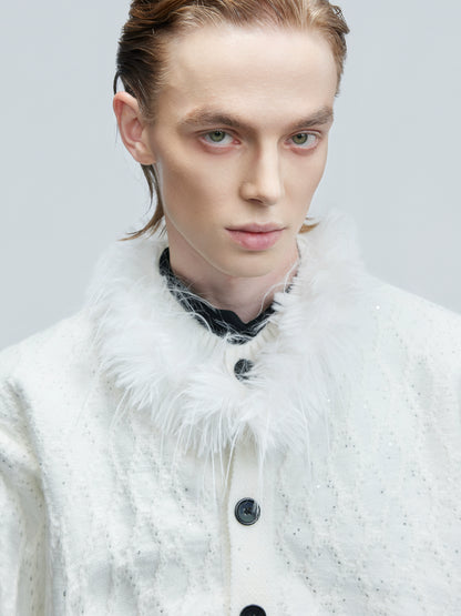 Sequin Fur Collar Cable Knit Cardigan WN21746