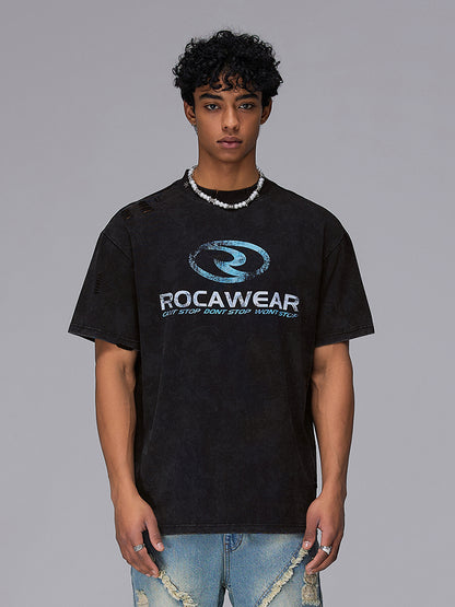 Metal Stud Design Paint Washed Damage Oversize Short Sleeve T-Shirt WN17845