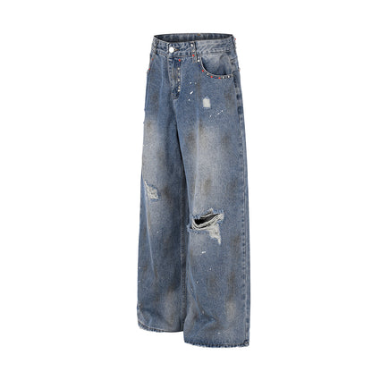 Washed Paint Damage Wide Leg Denim Jeans WN25394