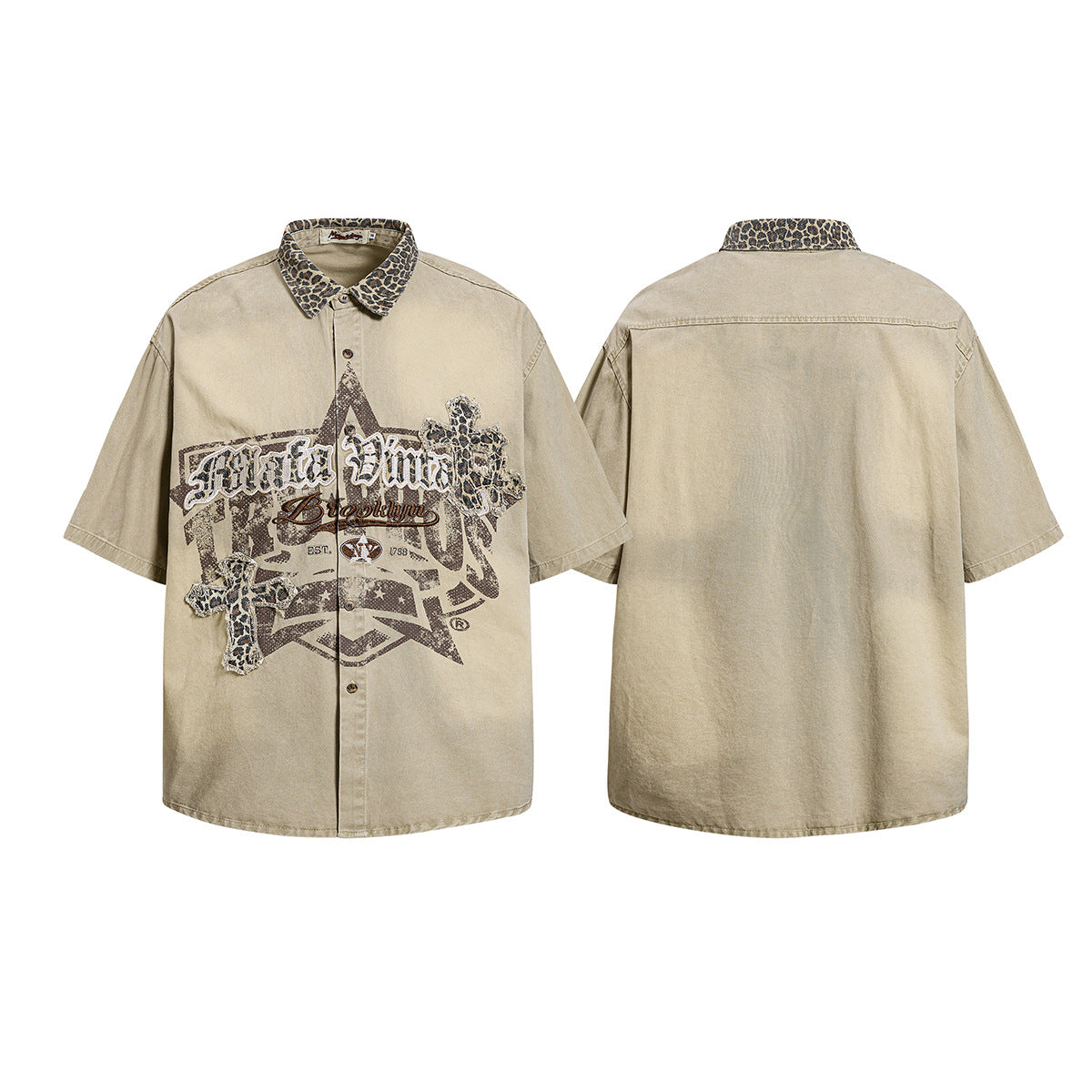 Leopard Print Cross Graphic Short Sleeve Shirt WN25474