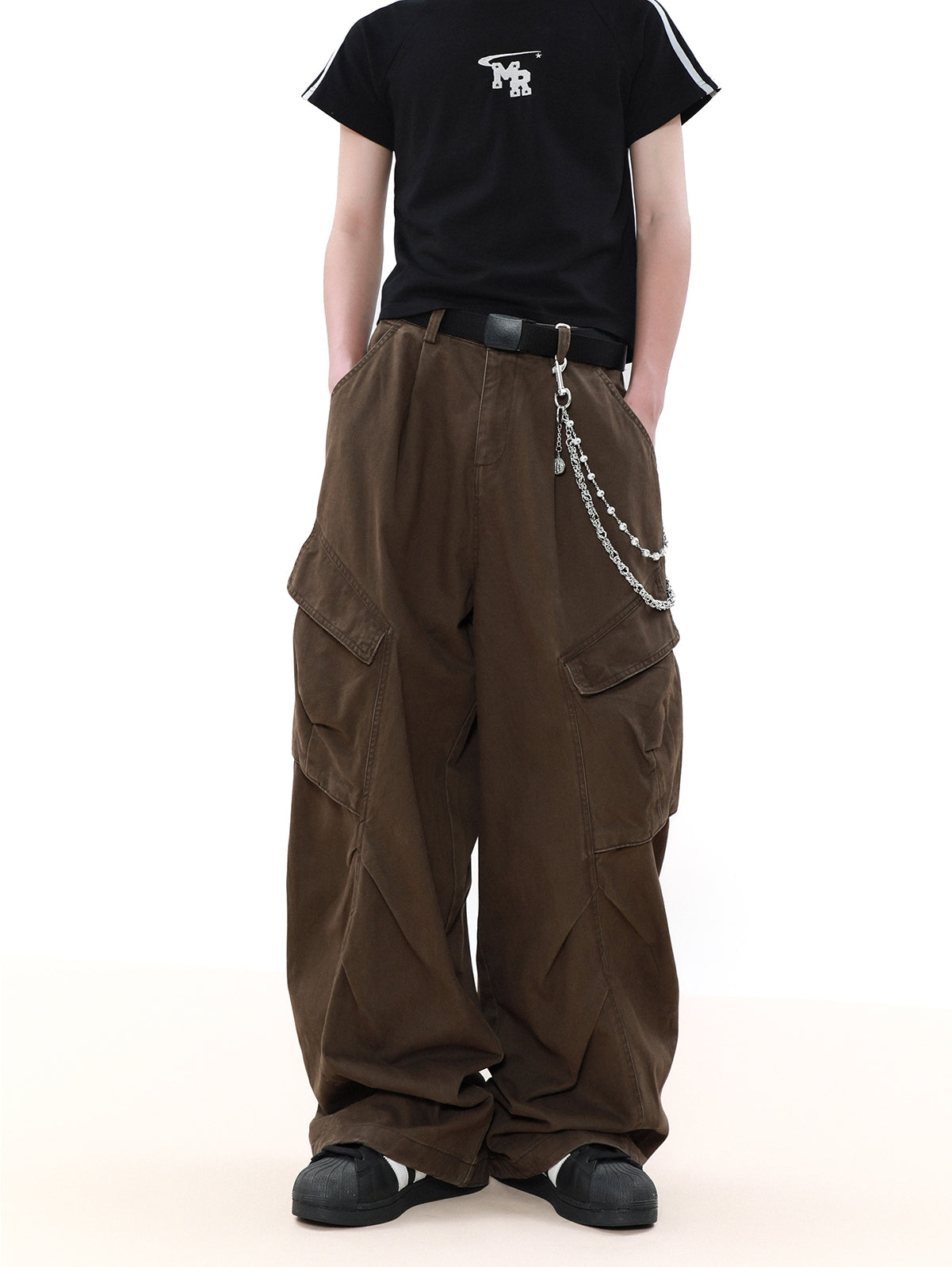 Pleated Design Wide Leg Cargo Pants WN7572