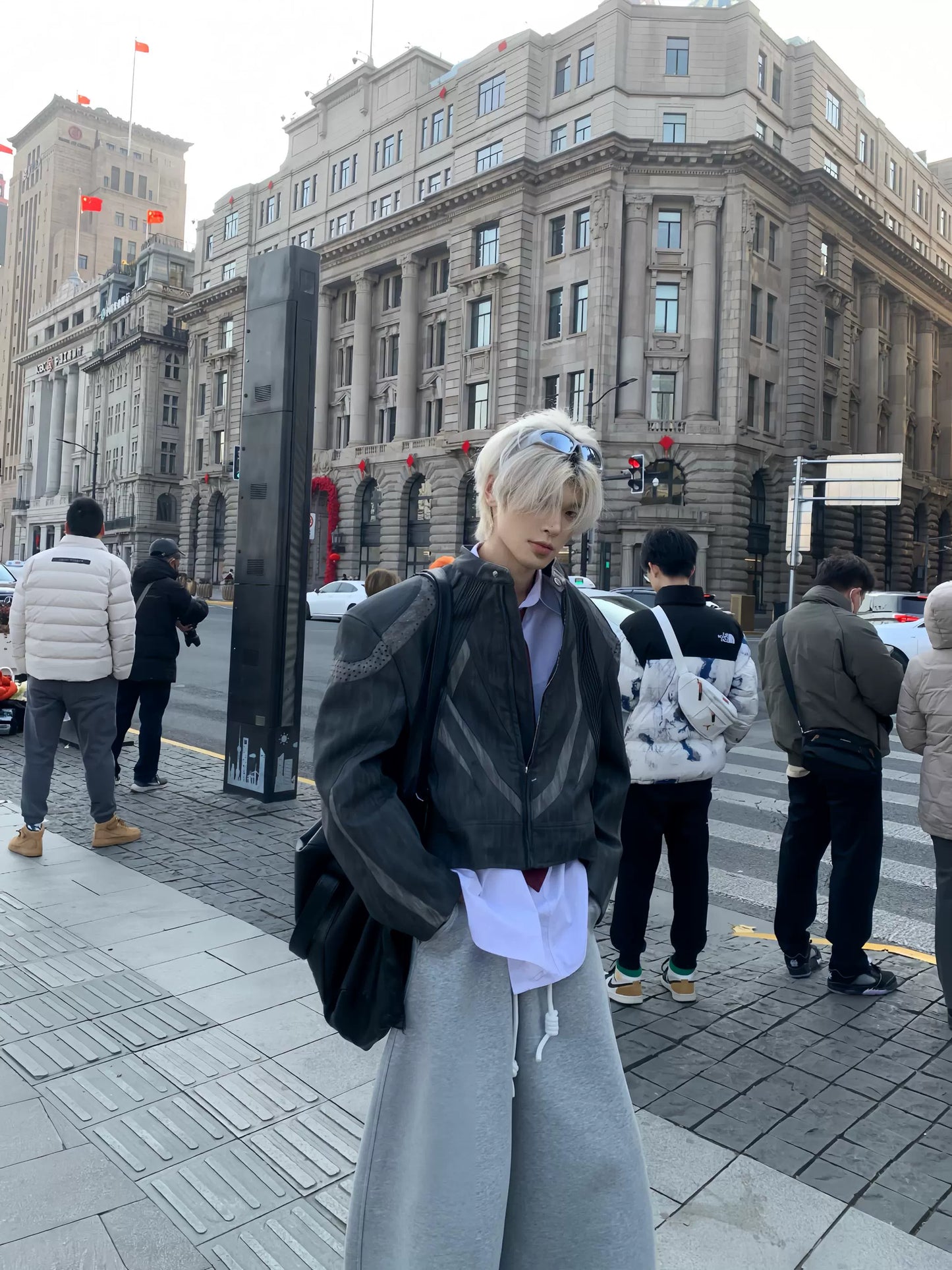 Heavy Pleats Standing-Collar PU Leather Jacket WN19795