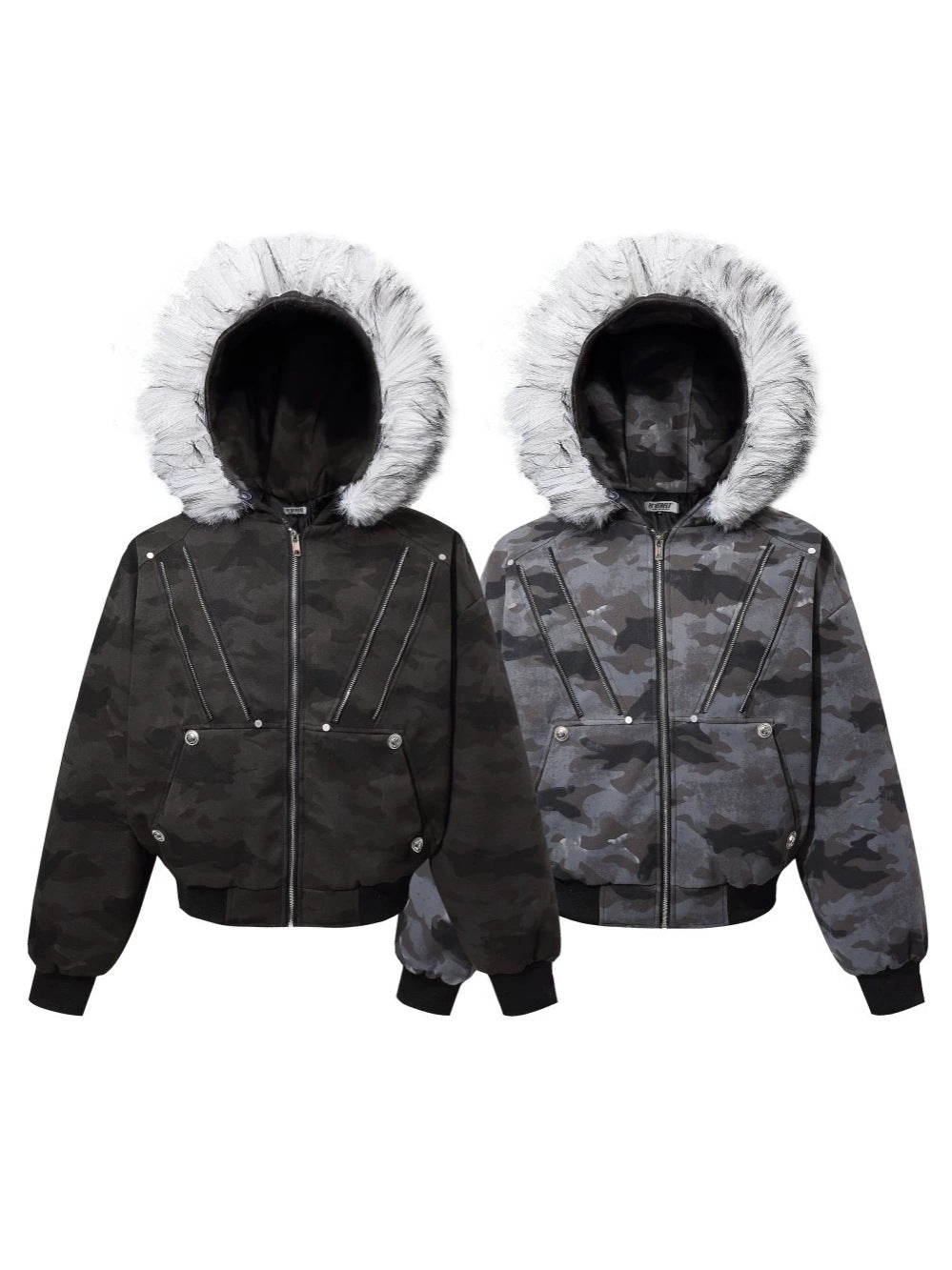 Camouflage Fake Fur Collar Multi-Zipper Short Puffer Jacket WN27891