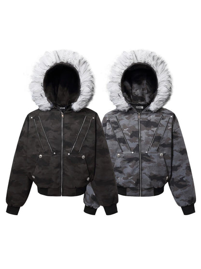 Camouflage Fake Fur Collar Multi-Zipper Short Puffer Jacket WN27891