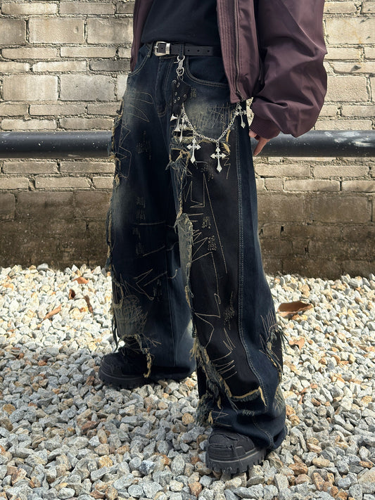 Heavyweight Patchwork Wide Leg Raw Hem Denim Jeans WN22992