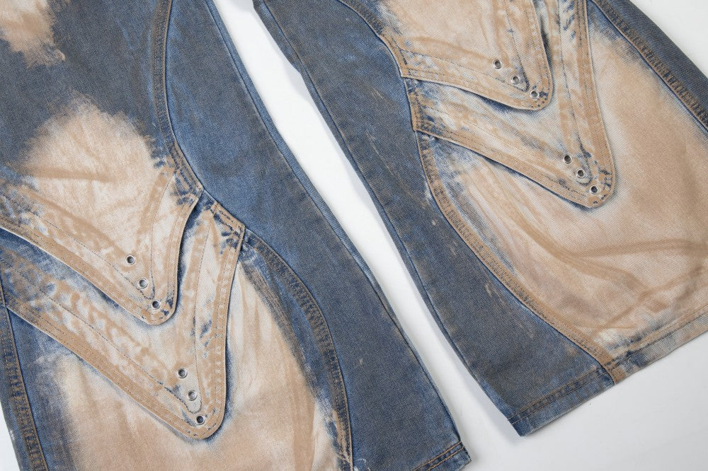 Bleached Damage Multi-Pocket Wide Leg Denim Jeans WN27797