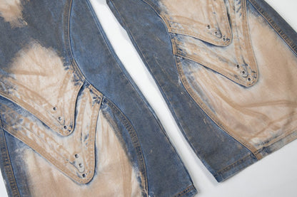 Bleached Damage Multi-Pocket Wide Leg Denim Jeans WN27797