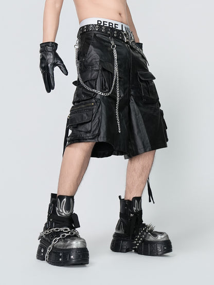 PU Leather Multi Pocket Chain Cargo Short Pants WN24313