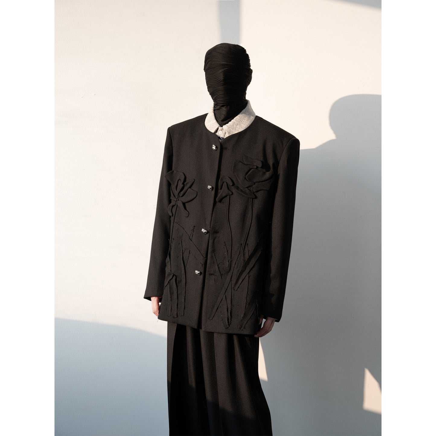 3D Floral Applique Collarless Jacket & Wide-Leg Trousers Setup WN23642