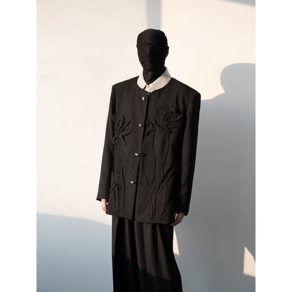 3D Floral Applique Collarless Jacket & Wide-Leg Trousers Setup WN23642